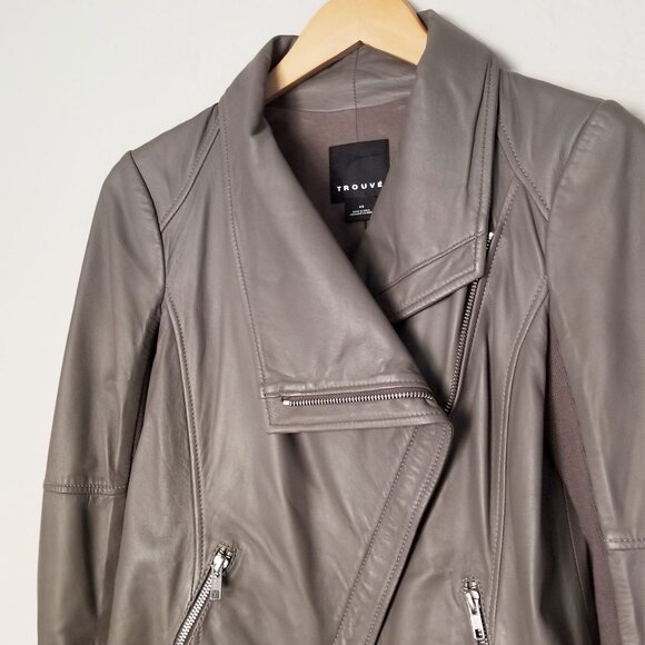 Trouve Asymmetric Drape-Front Soft 100% Genuine Leather Jacket Taupe Gray XS - Picture 9 of 16